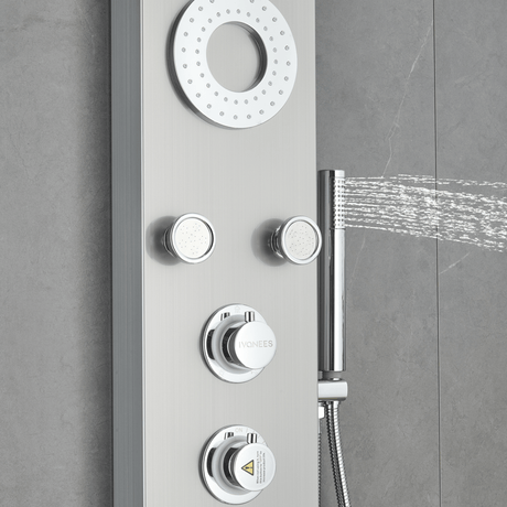 55 In. 5 - Jet Stainless Steel Shower Panel System With Fixed LED Rainfall Shower Head, LED Temperature Display & Handheld Shower, Self - Cleaning & Jet Massage Feature - BUILDMYPLACE