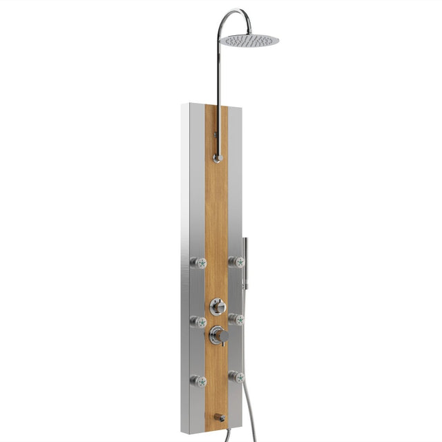 55 in. 6 - Jet Stainless Steel Bamboo Wood Shower Panel System With Adjustable Round Rainfall Showerhead, Handheld Shower & Tub Spout, Self - Cleaning & Jet Massage Feature - BUILDMYPLACE