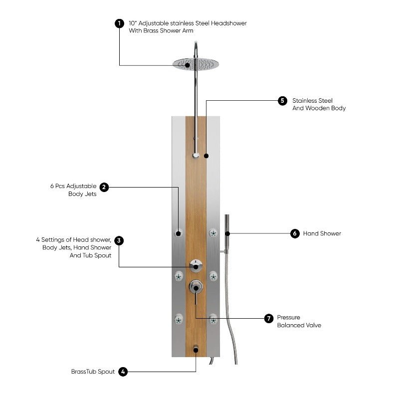 55 in. 6 - Jet Stainless Steel Bamboo Wood Shower Panel System With Adjustable Round Rainfall Showerhead, Handheld Shower & Tub Spout, Self - Cleaning & Jet Massage Feature - BUILDMYPLACE