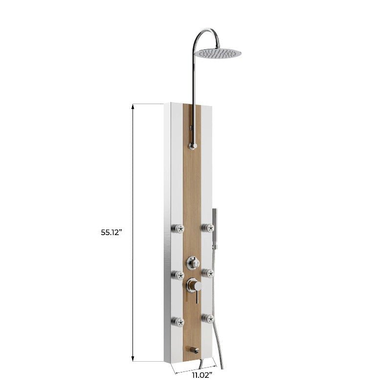 55 in. 6 - Jet Stainless Steel Bamboo Wood Shower Panel System With Adjustable Round Rainfall Showerhead, Handheld Shower & Tub Spout, Self - Cleaning & Jet Massage Feature - BUILDMYPLACE