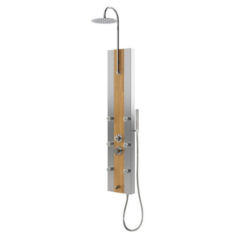 55 in. 6 - Jet Stainless Steel Bamboo Wood Shower Panel System With Adjustable Round Rainfall Showerhead, Handheld Shower & Tub Spout, Self - Cleaning & Jet Massage Feature - BUILDMYPLACE