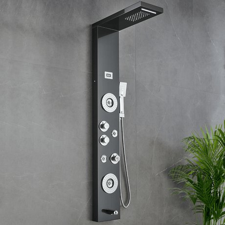 55 in. 6 - Jet Stainless Steel Matte Black Shower Panel System w/ Fixed LED Rainfall & Waterfall Showerhead, Temp Display, Tub Spout & Handheld - BUILDMYPLACE