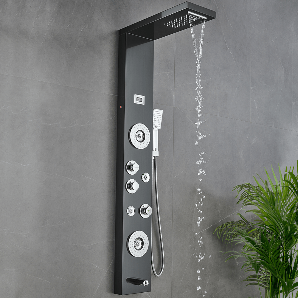 55 in. 6 - Jet Stainless Steel Matte Black Shower Panel System w/ Fixed LED Rainfall & Waterfall Showerhead, Temp Display, Tub Spout & Handheld - BUILDMYPLACE