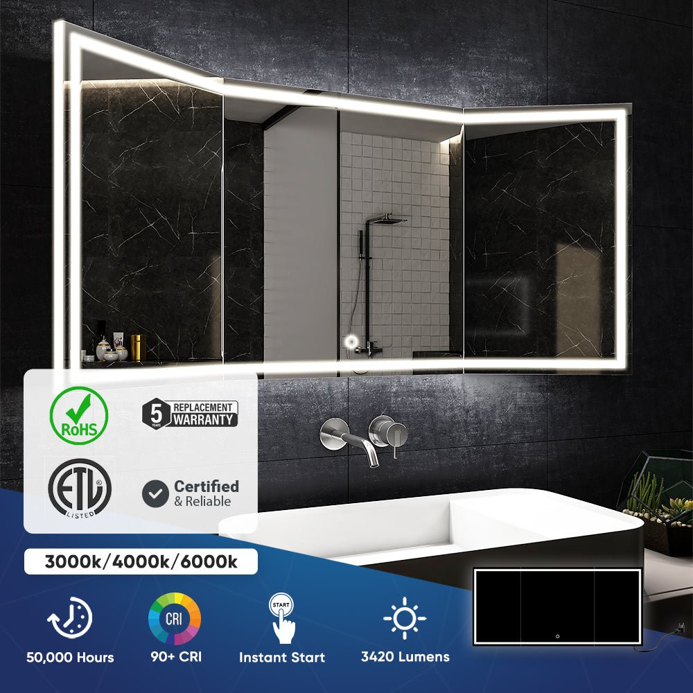 55.1 in. X 25.6 in. Backlit/Frontlit LED Lighted Bathroom Vanity Mirror with Pivoting Side Mirrors, Thin Plexiglass Edge, Anti Fog, Adjustable 3 - Color Temperature & Remembrance, Makeup Mirror, Touch Button, CRI 90+, Titan Style - BUILDMYPLACE