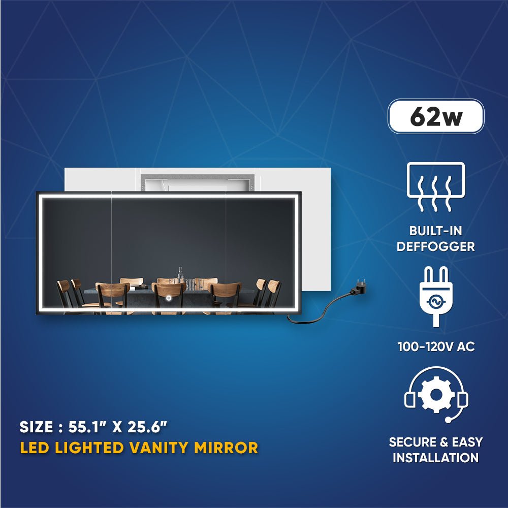 55.1 in. X 25.6 in. Backlit/Frontlit LED Lighted Bathroom Vanity Mirror with Pivoting Side Mirrors, Thin Plexiglass Edge, Anti Fog, Adjustable 3 - Color Temperature & Remembrance, Makeup Mirror, Touch Button, CRI 90+, Titan Style - BUILDMYPLACE