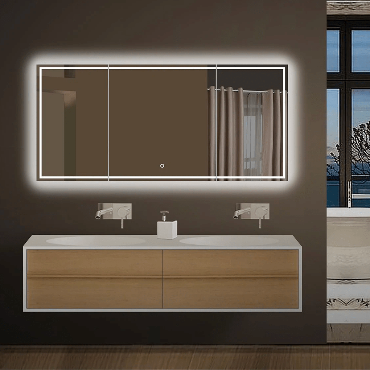 55.1 in. X 25.6 in. Backlit/Frontlit LED Lighted Bathroom Vanity Mirror with Pivoting Side Mirrors, Thin Plexiglass Edge, Anti Fog, Adjustable 3 - Color Temperature & Remembrance, Makeup Mirror, Touch Button, CRI 90+, Titan Style - BUILDMYPLACE