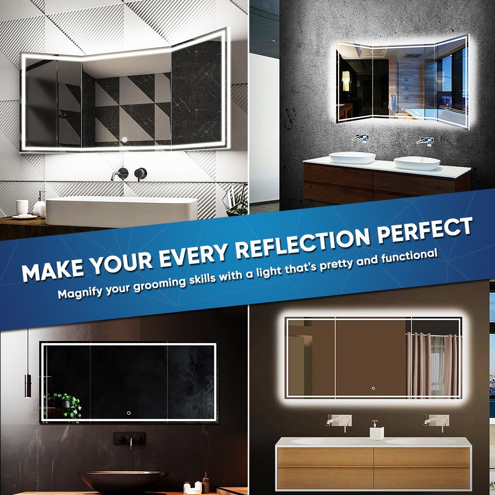 55.1 in. X 25.6 in. Backlit/Frontlit LED Lighted Bathroom Vanity Mirror with Pivoting Side Mirrors, Thin Plexiglass Edge, Anti Fog, Adjustable 3 - Color Temperature & Remembrance, Makeup Mirror, Touch Button, CRI 90+, Titan Style - BUILDMYPLACE