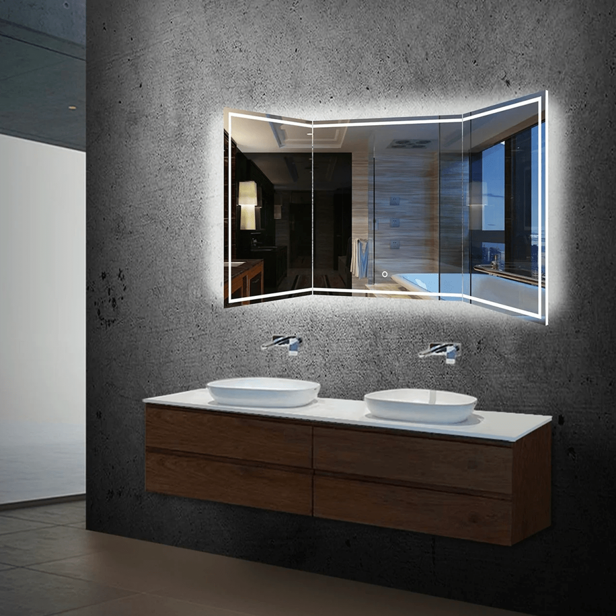55.1 in. X 25.6 in. Backlit/Frontlit LED Lighted Bathroom Vanity Mirror with Pivoting Side Mirrors, Thin Plexiglass Edge, Anti Fog, Adjustable 3 - Color Temperature & Remembrance, Makeup Mirror, Touch Button, CRI 90+, Titan Style - BUILDMYPLACE