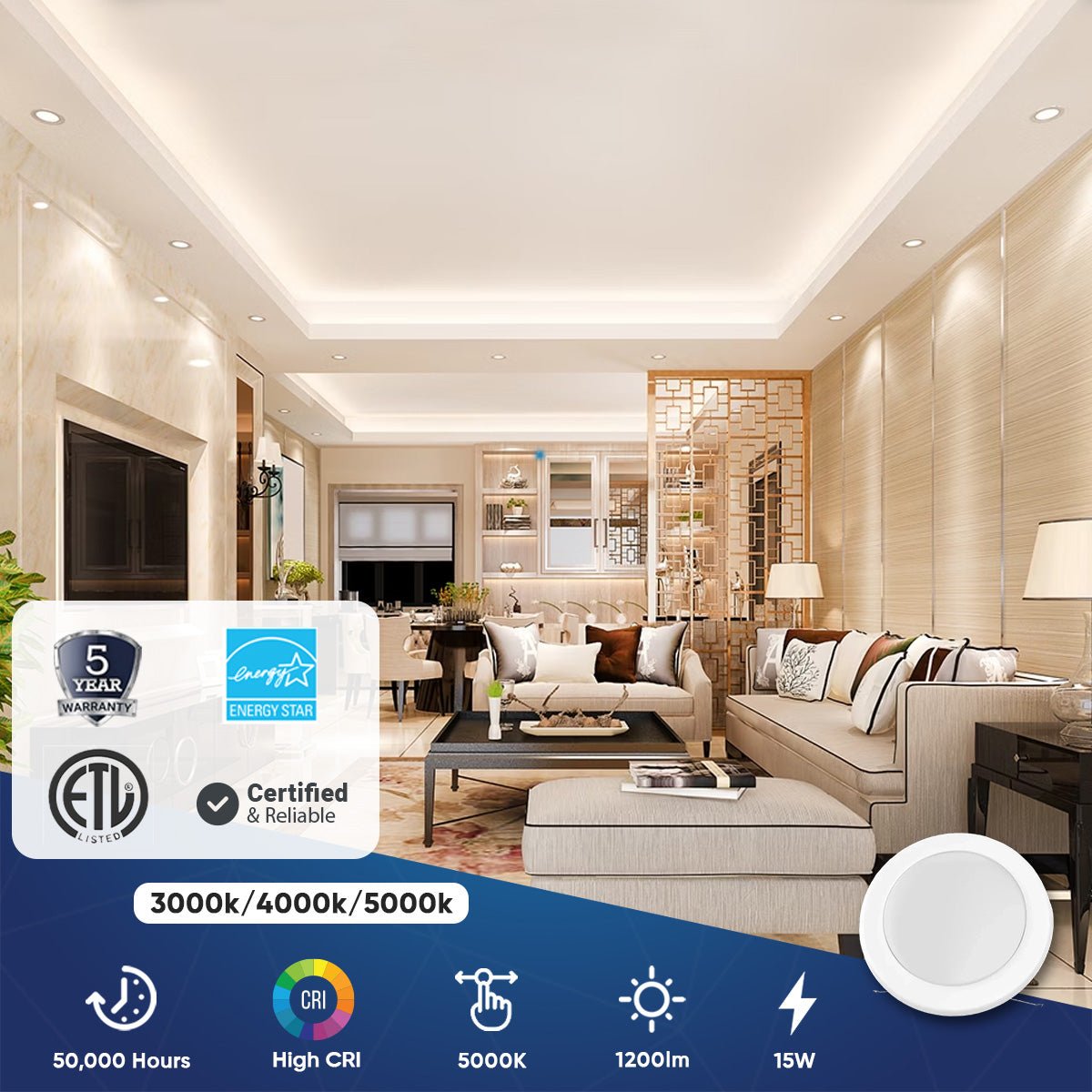 5"/6" LED Recessed Lighting, 15W, Triac Dimming, Round Surface Mount Disk Light, ETL & Energy Star Listed - For Family Rooms, Kitchens, Hallways, and Basements - BUILDMYPLACE