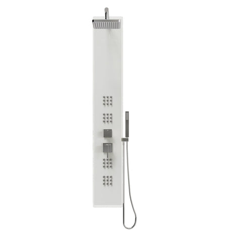 59 in 4 - Jet White Glass Shower Panel System With Adjustable Rainfall Shower Head & Handheld Shower, Self - Cleaning & Jet Massage Feature - BUILDMYPLACE