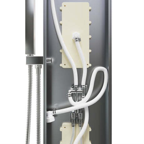 59 in 4 - Jet White Glass Shower Panel System With Adjustable Rainfall Shower Head & Handheld Shower, Self - Cleaning & Jet Massage Feature - BUILDMYPLACE