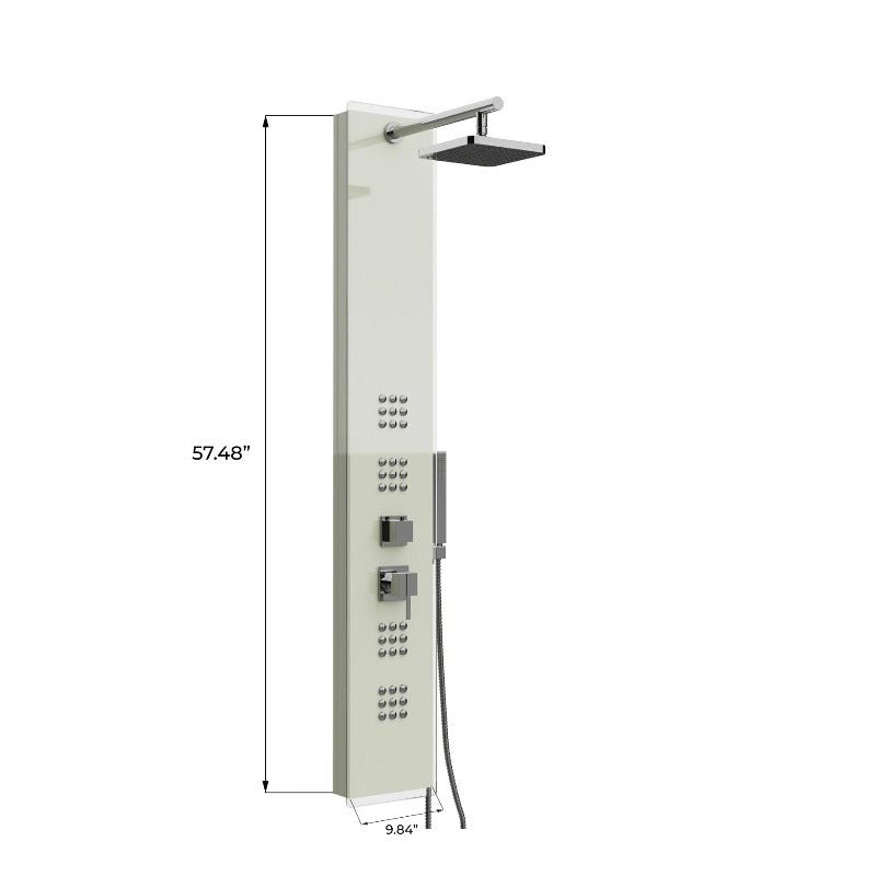 59 in 4 - Jet White Glass Shower Panel System With Adjustable Rainfall Shower Head & Handheld Shower, Self - Cleaning & Jet Massage Feature - BUILDMYPLACE