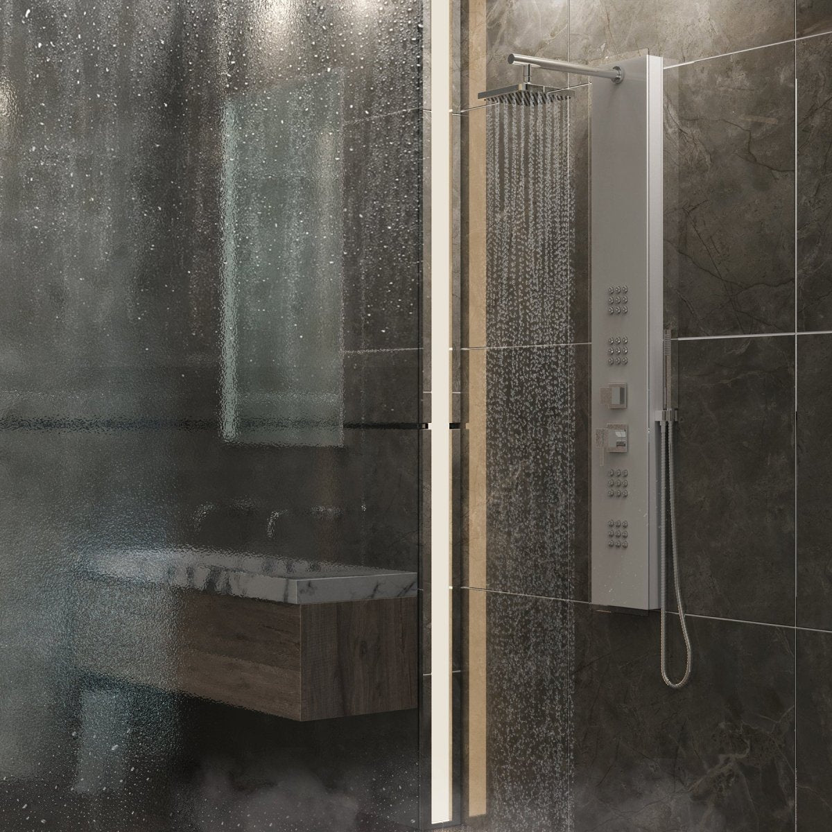 59 in 4 - Jet White Glass Shower Panel System With Adjustable Rainfall Shower Head & Handheld Shower, Self - Cleaning & Jet Massage Feature - BUILDMYPLACE