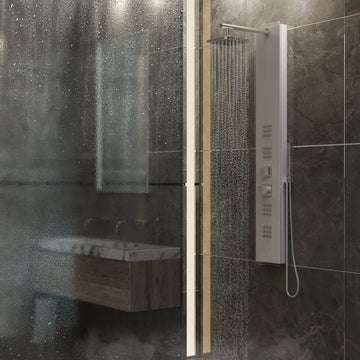 59 in 4-Jet White Glass Shower Panel System With Adjustable Rainfall Shower Head & Handheld Shower, Self-Cleaning & Jet Massage Feature