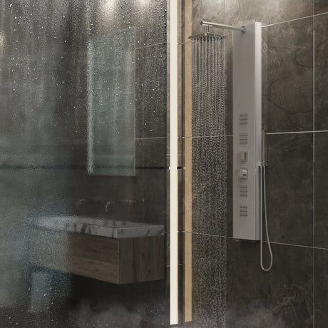 59 in 4 - Jet White Glass Shower Panel System With Adjustable Rainfall Shower Head & Handheld Shower, Self - Cleaning & Jet Massage Feature - BUILDMYPLACE