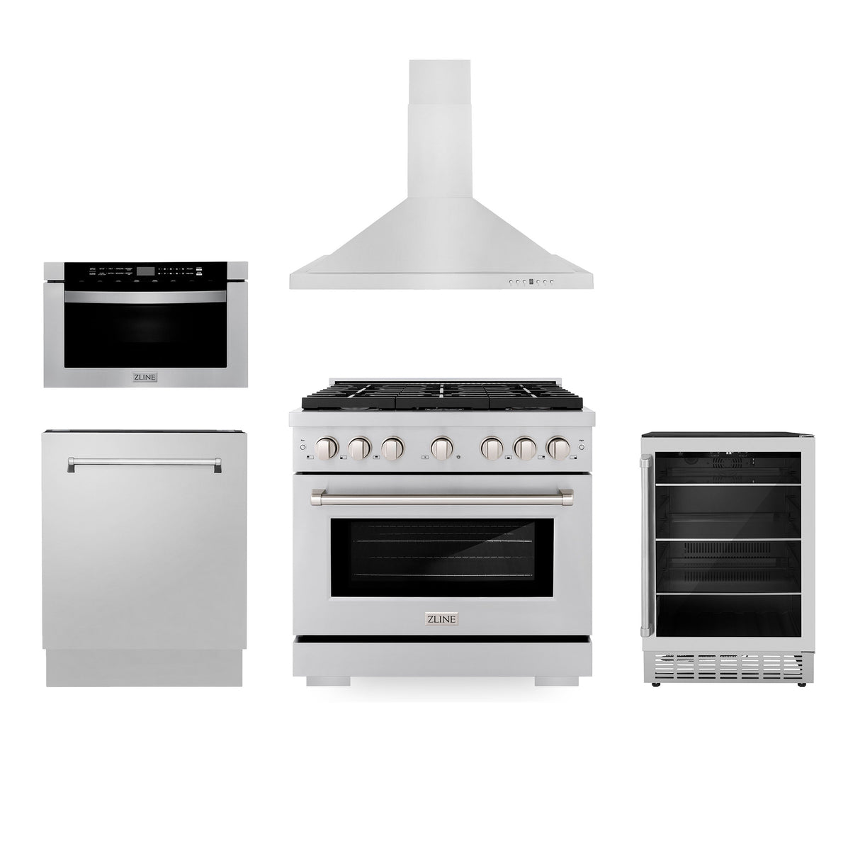 ZLINE 36" Kitchen Package with Stainless Steel Gas Range, Range Hood, Microwave Drawer, Tall Tub Dishwasher and Beverage Fridge (5KP-SGRRH36-MWDWV-RBV)