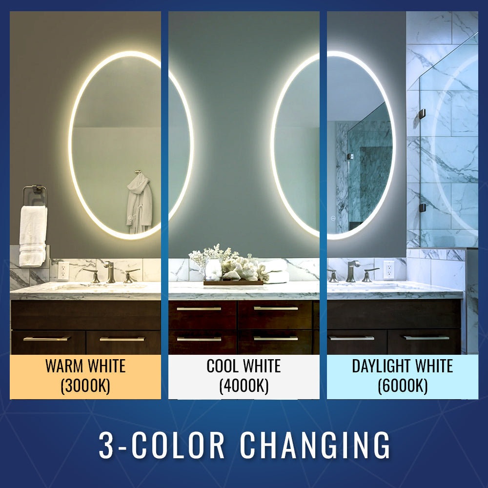 Oval LED Lighted Bathroom Mirror, Modern Touch Switch Dimmable Wall Mounted Mirror ,CCT Remembrance, Lunar Style