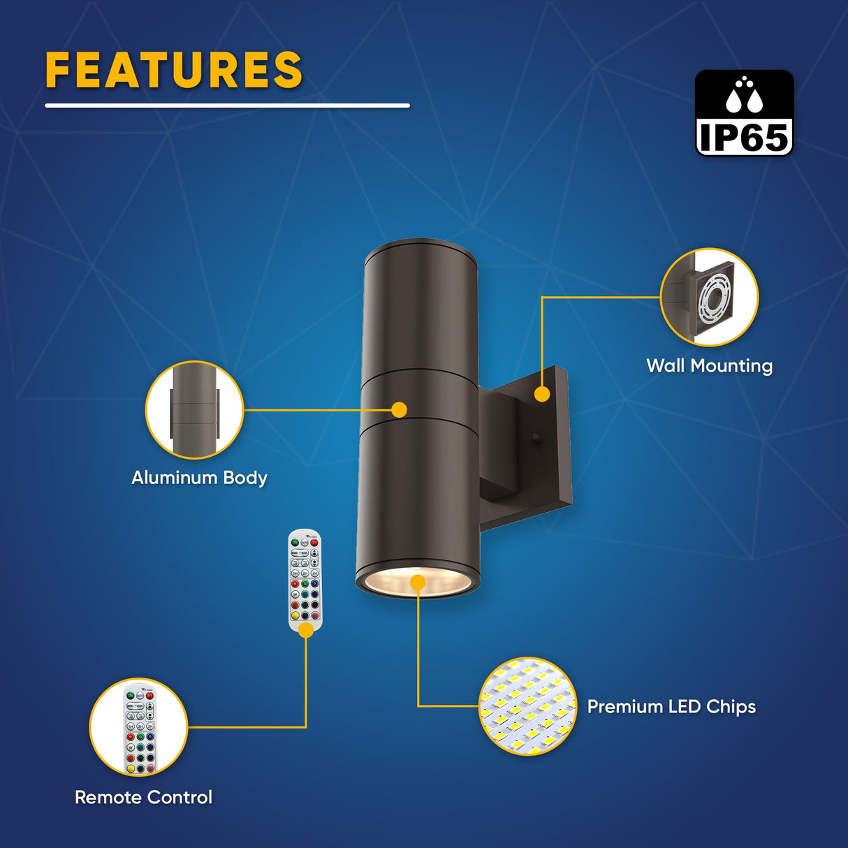 LED Outdoor Up & Down Lights With Remote, RGBW, Cylinder, 36WX2, AC100-277V, IP65, ETL CE RoSH Approval, Outdoor Wall Lights