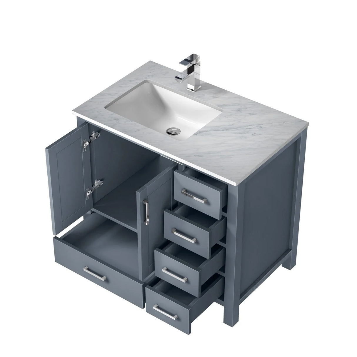 Jacques Dark Grey Freestanding Bathroom Vanity with White Carrara Marble Top, White Square Sink