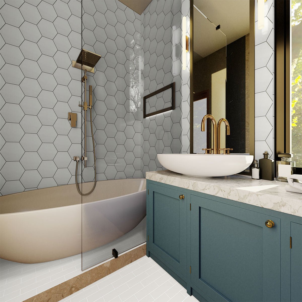 6 in Teramoda Stone Hexagon Glossy Pressed Glazed Ceramic Tile - BUILDMYPLACE