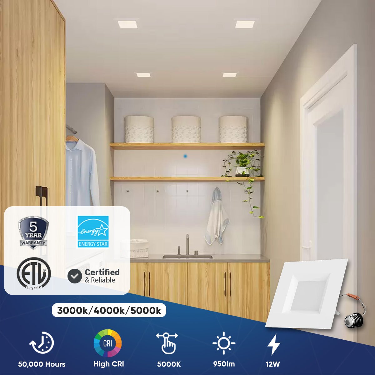 6 Inch LED Recessed Lighting, 12W, Square, Dimmable, Baffle Trim, Energy Star Listed, ETL, Recessed Downlights For Closets, Kitchens, Hallways, Doorways, Basement - BUILDMYPLACE