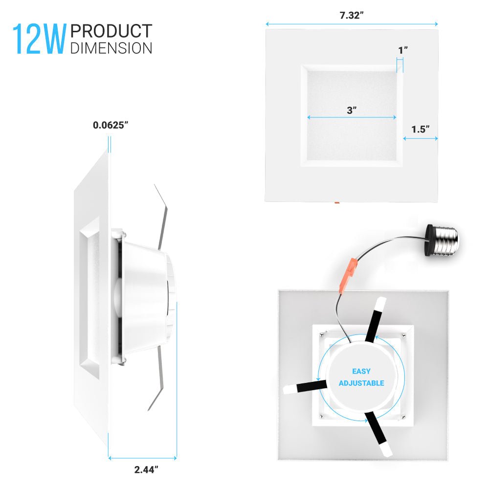 6 Inch LED Recessed Lighting, 12W, Square, Dimmable, Baffle Trim, Energy Star Listed, ETL, Recessed Downlights For Closets, Kitchens, Hallways, Doorways, Basement - BUILDMYPLACE