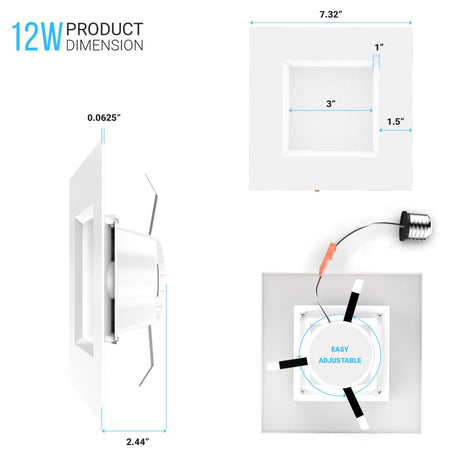 6 Inch LED Recessed Lighting, 12W, Square, Dimmable, Baffle Trim, Energy Star Listed, ETL, Recessed Downlights For Closets, Kitchens, Hallways, Doorways, Basement - BUILDMYPLACE