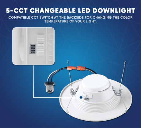 6" LED Downlight Dimmable, 15W, 5CCT Changeable: 2700K/3000K/3500K/4000K/5000K, 120V AC, Baffle Trim, Damp Rated - BUILDMYPLACE