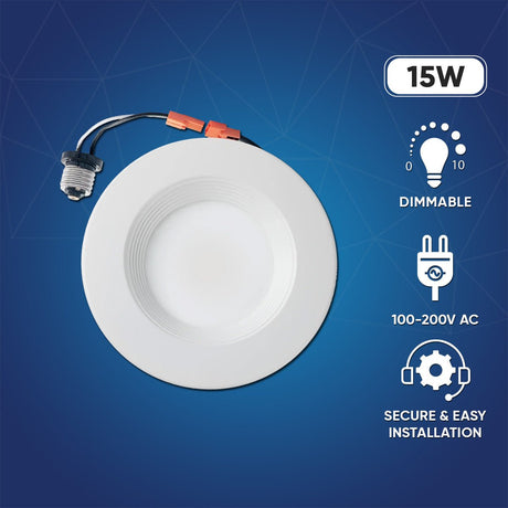 6" LED Downlight Dimmable, 15W, 5CCT Changeable: 2700K/3000K/3500K/4000K/5000K, 120V AC, Baffle Trim, Damp Rated - BUILDMYPLACE