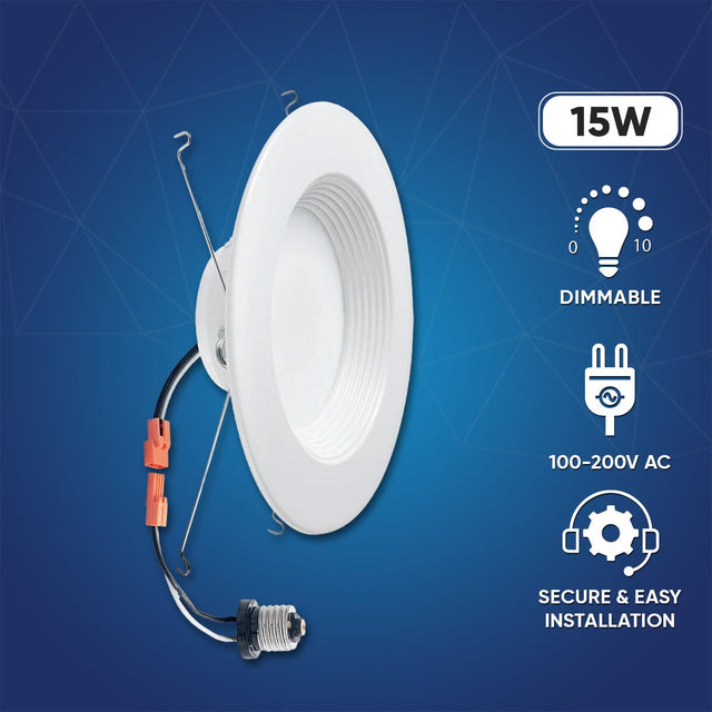 6" LED Downlight Dimmable, 15W, 5CCT Changeable: 2700K/3000K/3500K/4000K/5000K, 120V AC, Baffle Trim, Damp Rated - BUILDMYPLACE