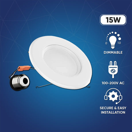 6" LED Downlight Dimmable, 15W, 5CCT Changeable: 2700K/3000K/3500K/4000K/5000K, 120V AC, Baffle Trim, Damp Rated - BUILDMYPLACE