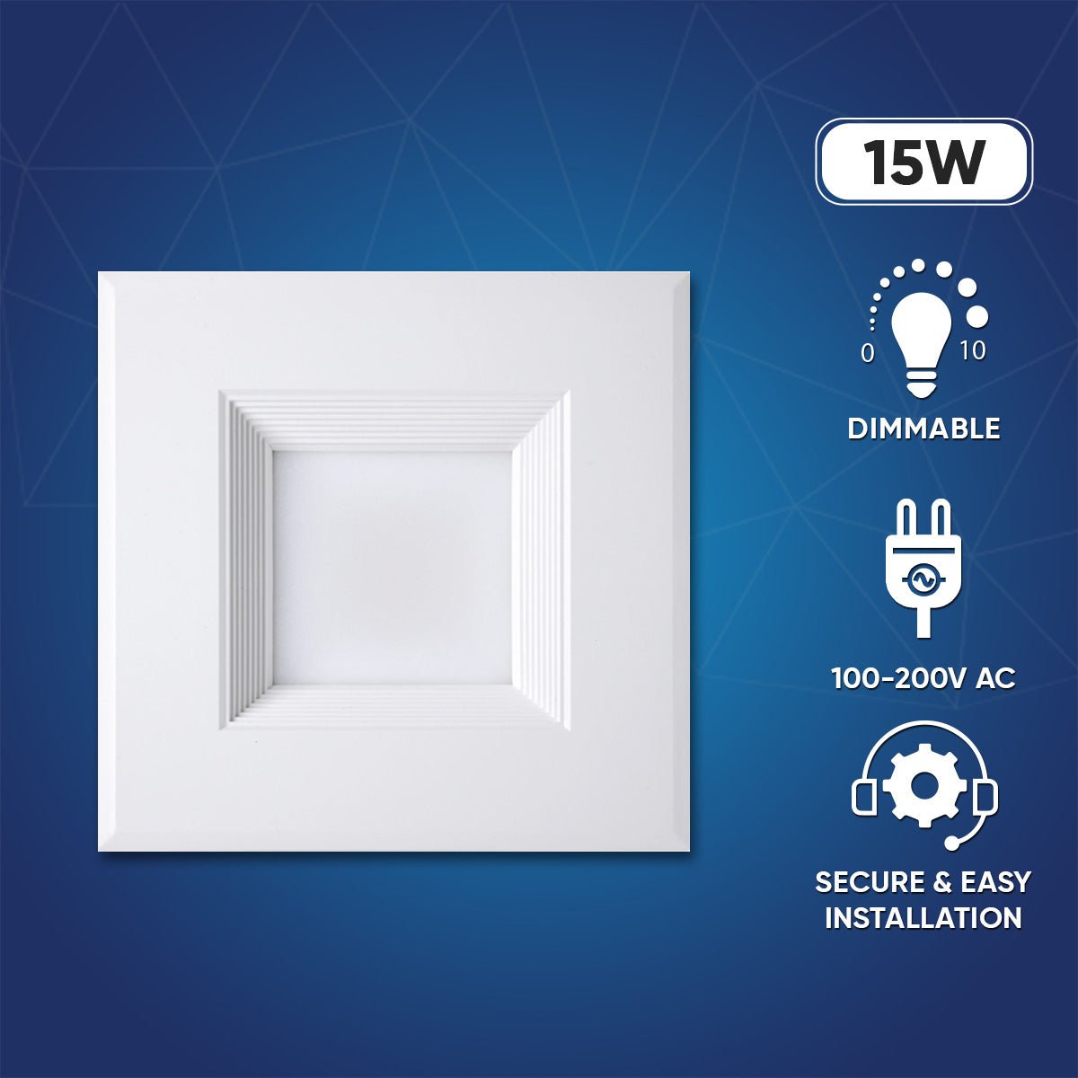 6" LED Square LED Downlight - CCT Changeable 2700K/3000K/3500K/4000K/5000K, 15W, 120V AC, Baffle Aluminum Trim, Damp Location - Dimmable Ceiling Lights with with E26 base - BUILDMYPLACE