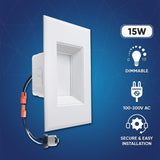 6" LED Square LED Downlight - CCT Changeable 2700K/3000K/3500K/4000K/5000K, 15W, 120V AC, Baffle Aluminum Trim, Damp Location - Dimmable Ceiling Lights with with E26 base - BUILDMYPLACE