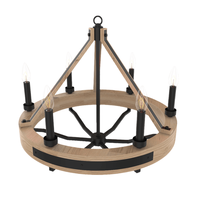 6 - Light Farmhouse Chandelier Diam 26'', E12 Base, Matte black Finish Hardware with Nature Solid Ashwood - BUILDMYPLACE