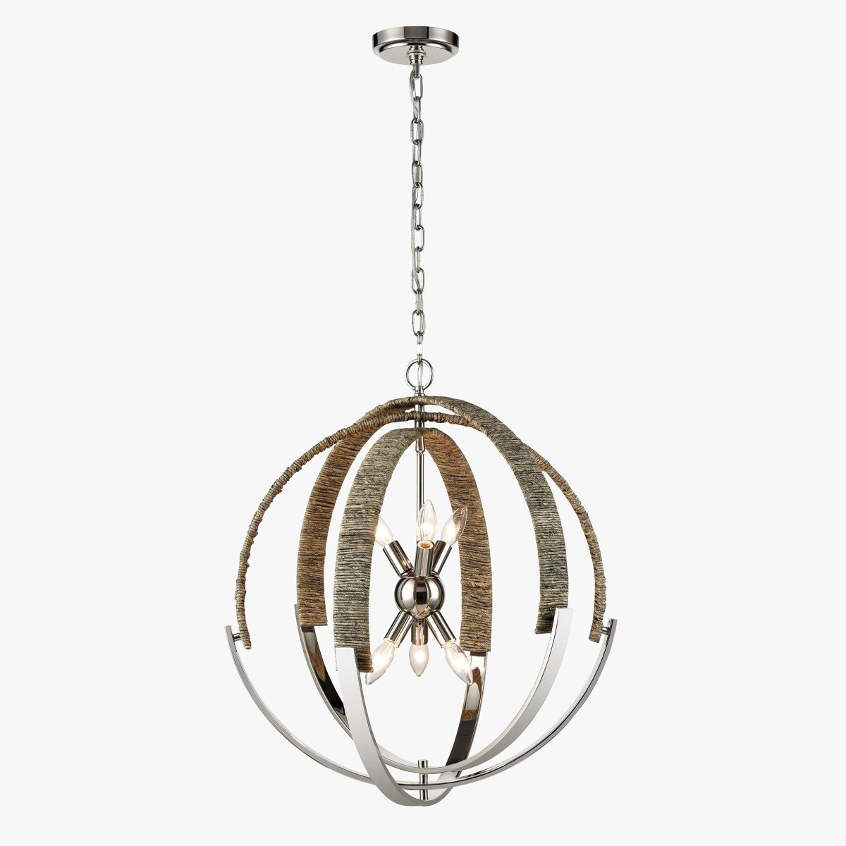 6 - Light Polished Nickel Finish and Nature Gray Corn Leaf Rope Pendant Light, E12 Base - BUILDMYPLACE