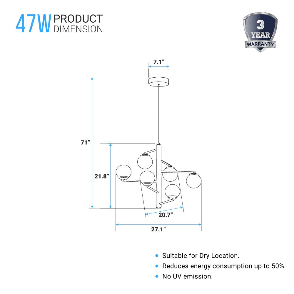 6 - Lights, Chandelier, 47W, 3000K, Matte Black Body Finish, Dimmable - BUILDMYPLACE