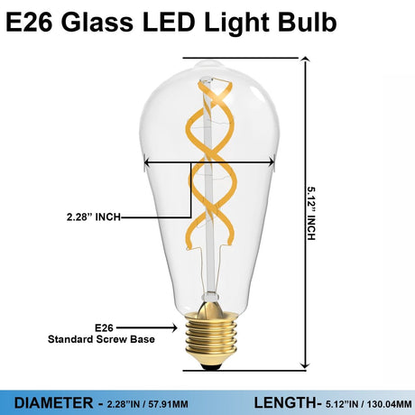 6 Watt 2 - Soft Filament, ST18 Dimmable LED Clear Vintage Style Light Bulb Vintage Antique Style Light Bulb, 120V/60Hz, 2700K, 450LM, E26 - D2.28"*5.12"H - LEDMyPlace
