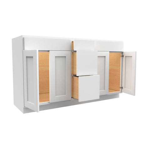 60 Inch Wide Drawer Base Vanity Cabinet - Luxor White Shaker - Ready To Assemble, 60"W x 34.5"H x 21"D - BUILDMYPLACE