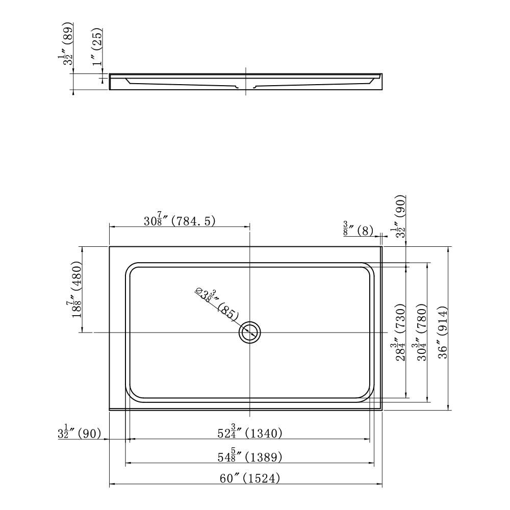 60 L x 36 in. W Double - Threshold Shower Pan Base with Center Drain in High Gloss White - BUILDMYPLACE