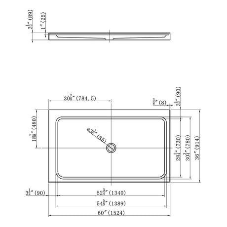 60 L x 36 in. W Double - Threshold Shower Pan Base with Center Drain in High Gloss White - BUILDMYPLACE