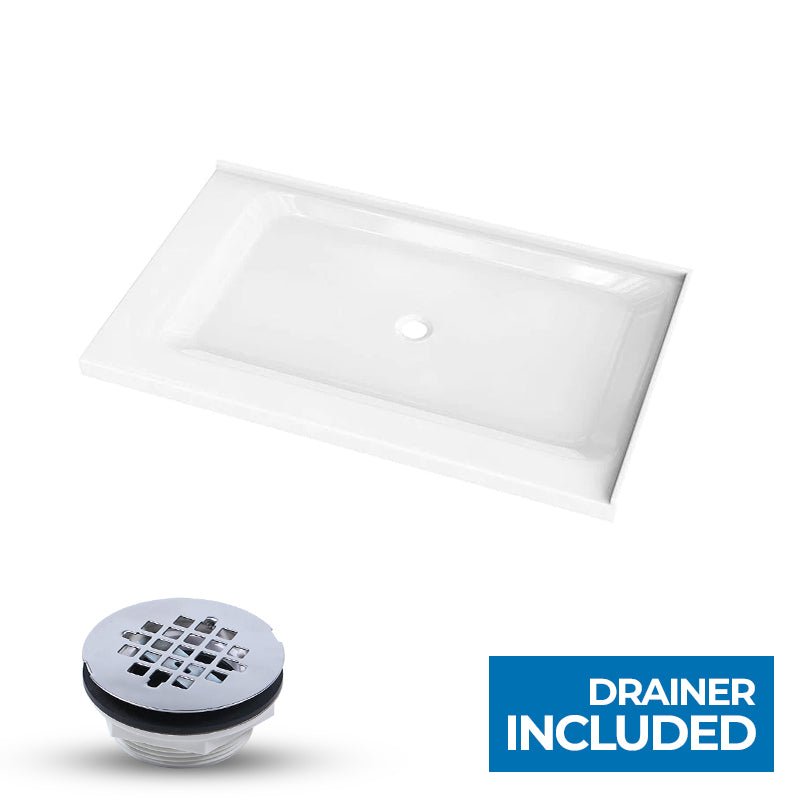 60 L x 36 in. W Double - Threshold Shower Pan Base with Center Drain in High Gloss White - BUILDMYPLACE