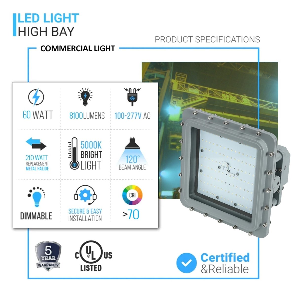 60 Watt LED Explosion Proof Flood Light, D Series, Dimmable, 5000K, 8100LM, AC100 - 277V, IP66, Hazardous Location Lighting Fixtures - BUILDMYPLACE