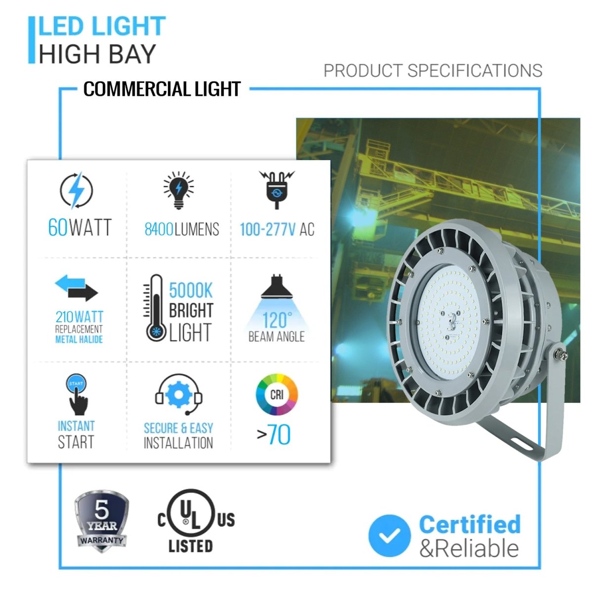 60 Watt LED Explosion Proof Round High Bay Light, B Series, Non Dimmable, 5000K, 8400LM, AC100 - 277V, IP66, Hazardous Location Lighting Fixtures - BUILDMYPLACE