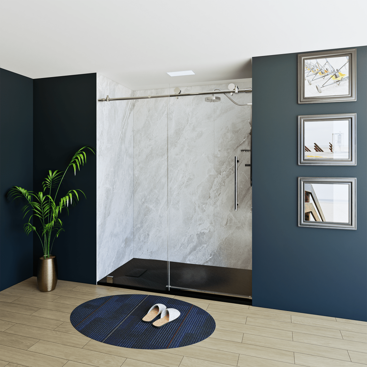 60" X 76" Armani Grey Alcove Shower Wall Kit - Shower Door / Wall System / Solid Surface Shower Base Tray with Covered Drain - BUILDMYPLACE