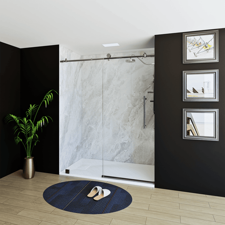 60" X 76" Armani Grey Alcove Shower Wall Kit - Shower Door / Wall System / Solid Surface Shower Base Tray with Covered Drain - BUILDMYPLACE