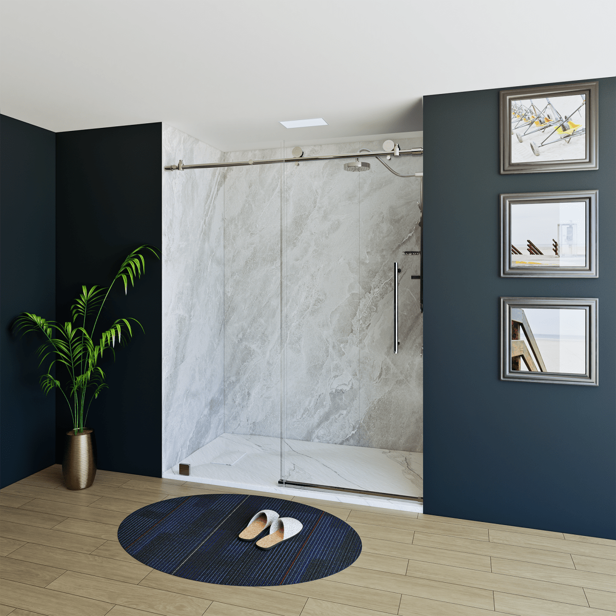 60" X 76" Armani Grey Alcove Shower Wall Kit - Shower Door / Wall System / Solid Surface Shower Base Tray with Covered Drain - BUILDMYPLACE