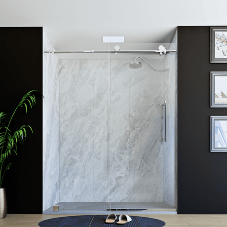 60" X 76" Armani Grey Alcove Shower Wall Kit - Shower Door / Wall System / Solid Surface Shower Base Tray with Covered Drain - BUILDMYPLACE