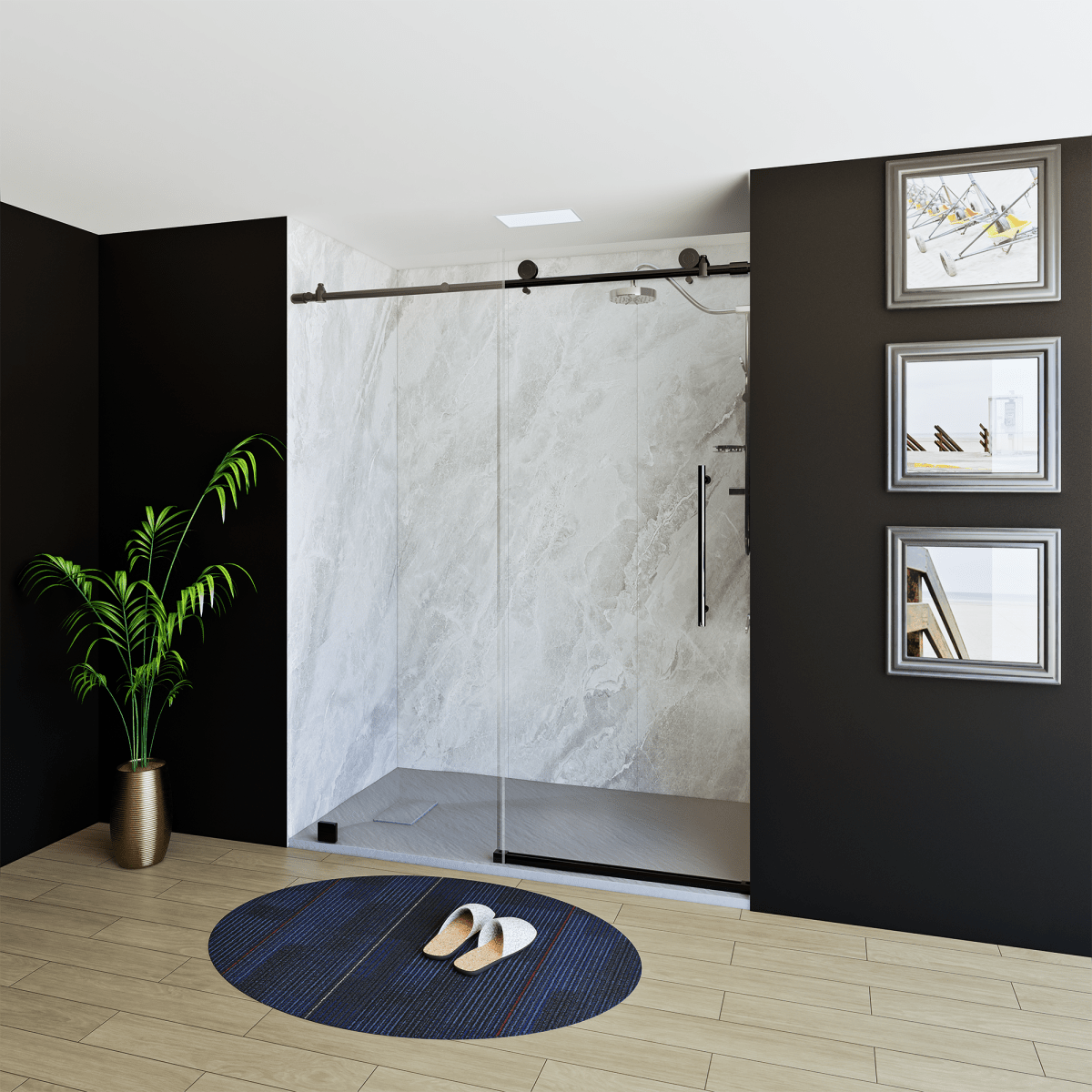 60" X 76" Armani Grey Alcove Shower Wall Kit - Shower Door / Wall System / Solid Surface Shower Base Tray with Covered Drain - BUILDMYPLACE