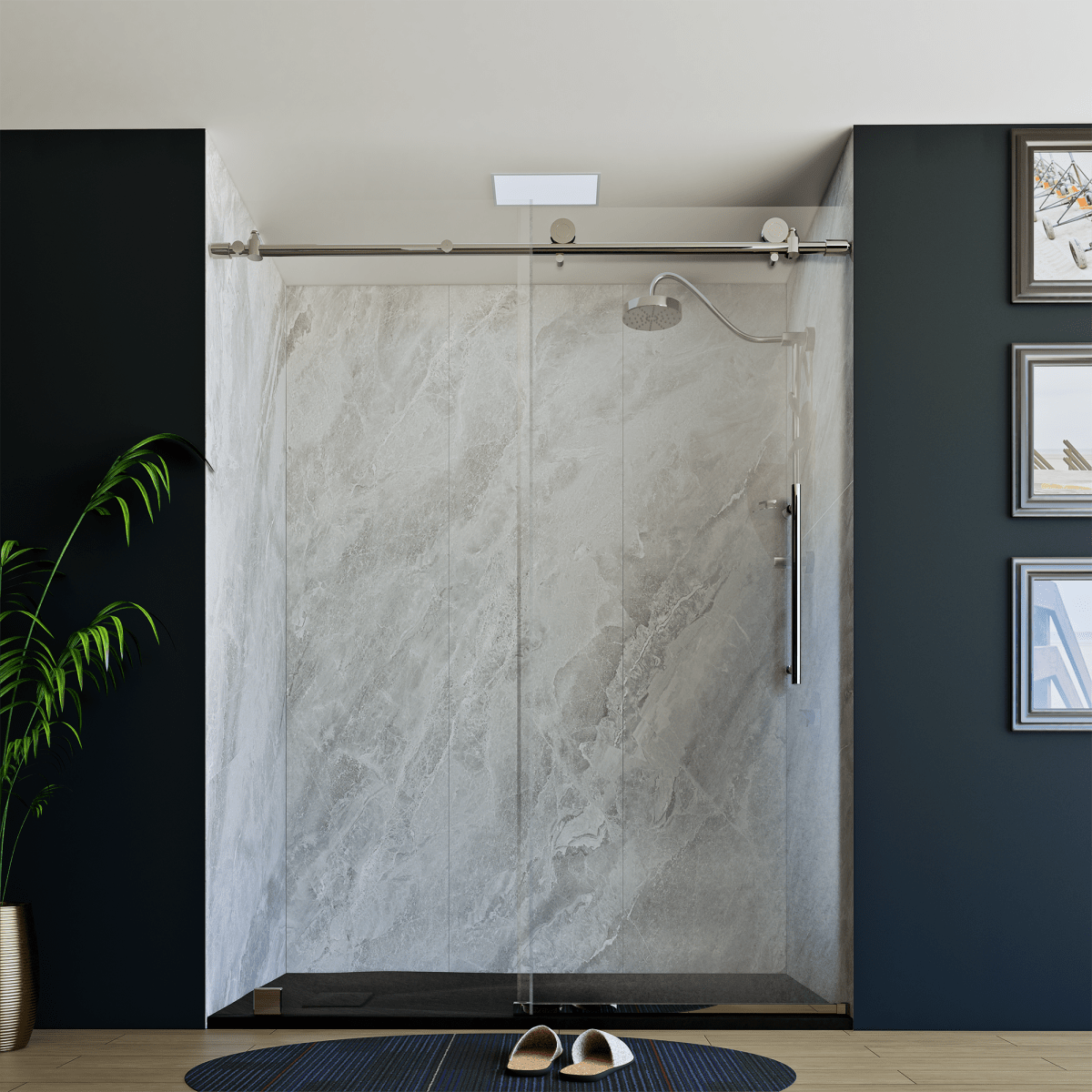 60" X 76" Armani Grey Alcove Shower Wall Kit - Shower Door / Wall System / Solid Surface Shower Base Tray with Covered Drain - BUILDMYPLACE