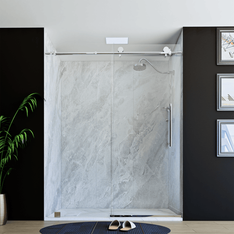 60" X 76" Armani Grey Alcove Shower Wall Kit - Shower Door / Wall System / Solid Surface Shower Base Tray with Covered Drain - BUILDMYPLACE